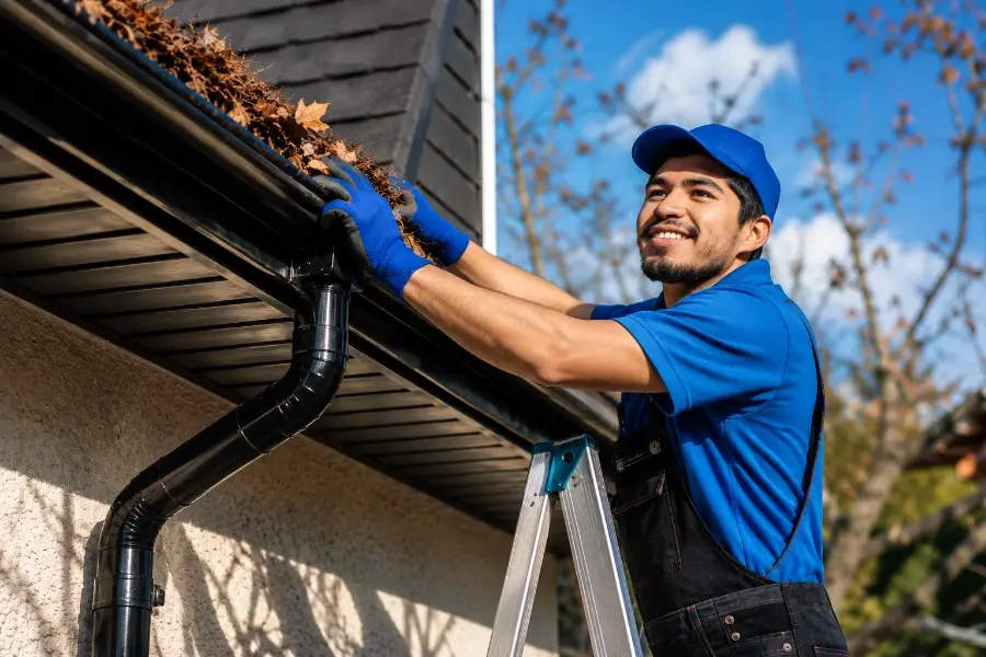Gutter cleaning work on a narrow-lot Victorian home in Allentown, Buffalo, NY